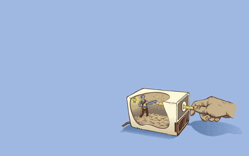 pencil sharpener, chainsaws, pencils, 720P, humor, minimalism, cutaway, blue background
