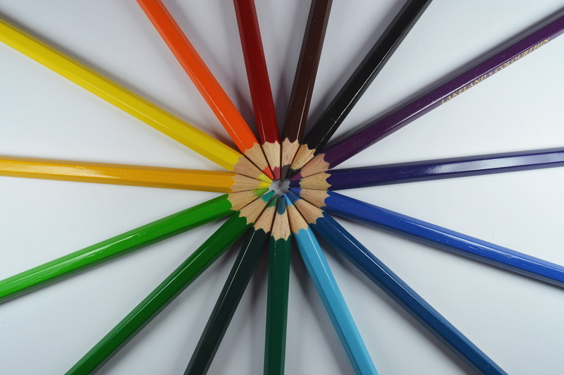 studio shot, yellow, art and craft equipment, in A Row, colored pencils, single Object, high angle view, order, multi Colored, color Image, colored pencil