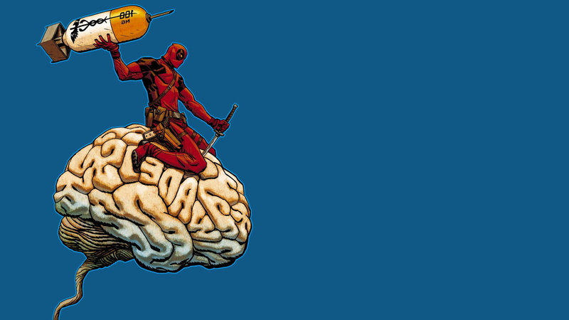 deadpool comic art, human representation, side view, human brain, art and craft, arms raised, sky, 1080P, holding, representation, full length, blue, people