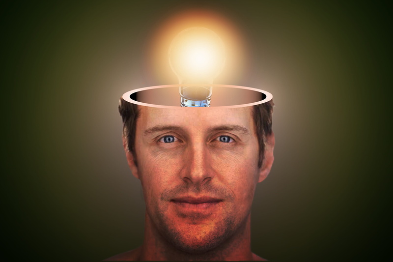 indoors, human, glowing, light, illuminated, digital composite, portrait, brain, front view, looking at camera, 2K, bright, innovation, man, studio shot