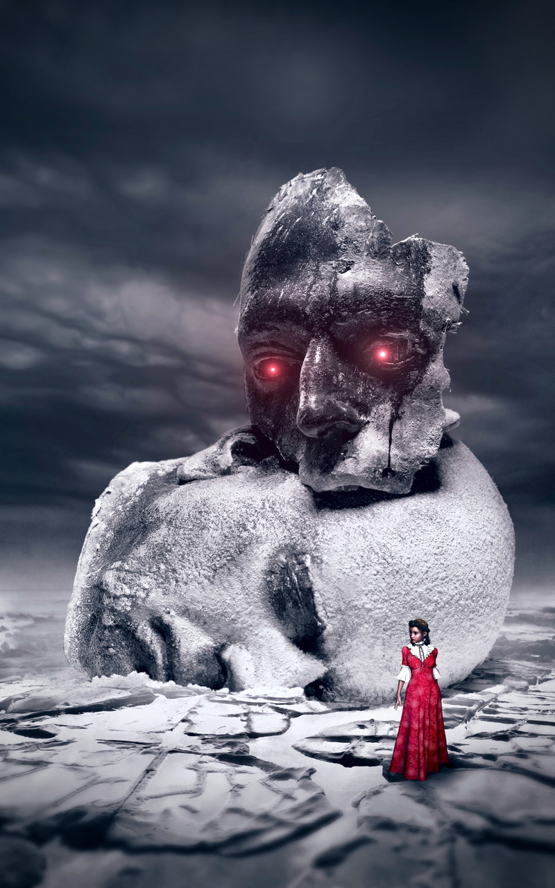 selective focus, fantasy, sculpture, nature, cold temperature, dream, face, digital composite, girl, book cover, female, 8K, male likeness, no people