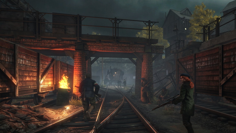 nature, men, rail transportation, Polania Republic (Iron Harvest), mode of transportation, track, Iron Harvest, rear view, full length, motion, architecture