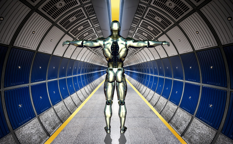 air vehicle, metro, ceiling, man, no people, Forward, low angle view, built structure, mode of transportation, alloy, Cyborg, artificial, artificial intelligence