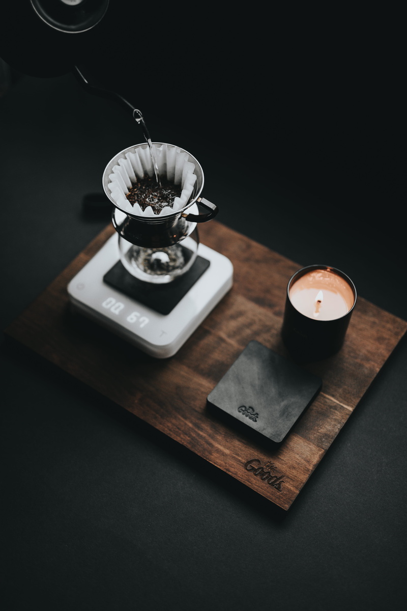 coffee maker, pour, candle, process, food and drink, drip, coffee pot, freshness, wood - material, table, board, close-up, mug, black background, black