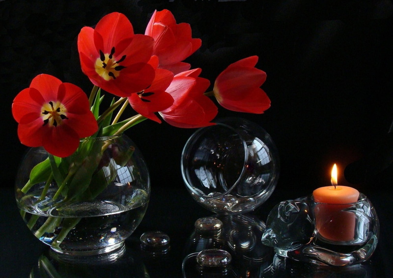 1080P, flowers, fire, tulips, candle, vase, loose