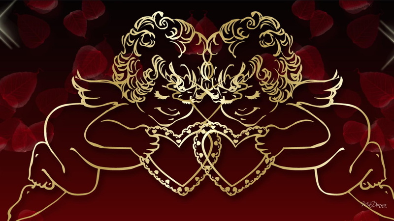 gold, black, valentines day, cherubs, 1080P, lovers, gold cupids, cupids, 3d and abstract, hearts, love