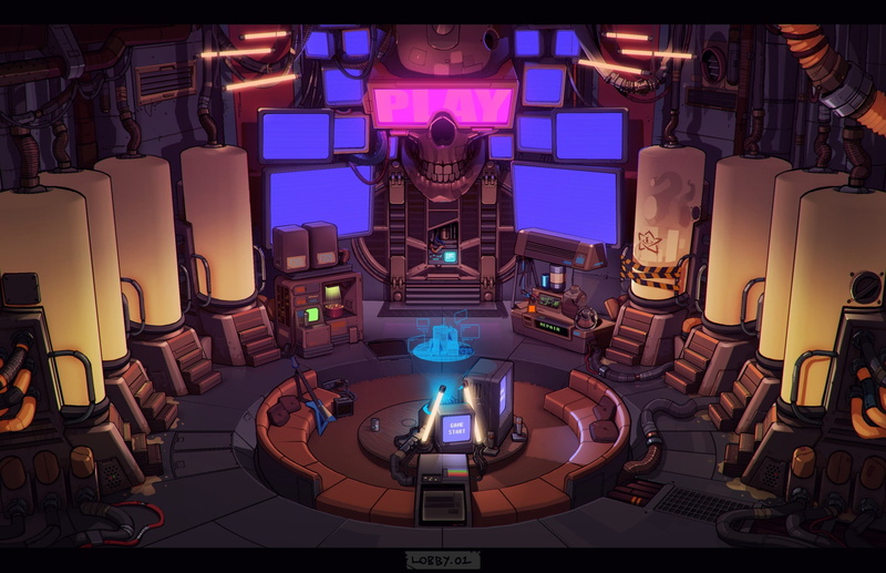 1080P, Concept Art, Science Fiction, Hero Grinder Lobby Area, Cyberpunk, by Luke Viljoen, Hero Grinder, Game Art, Lobby, Luke Viljoen
