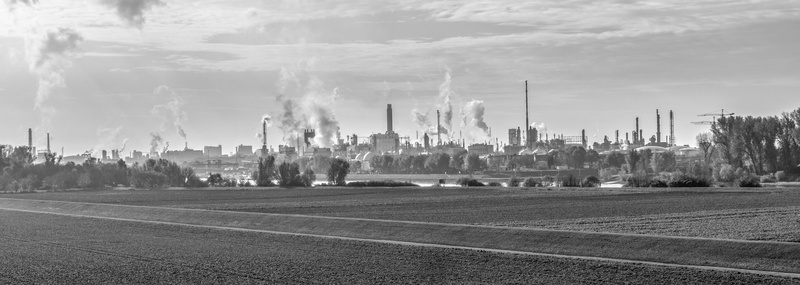 industry, building exterior, exhaust gases, factory, greyscale, chemistry, panorama, panoramic image, 5K, smoke, cityscape, city, urban skyline, horizontal