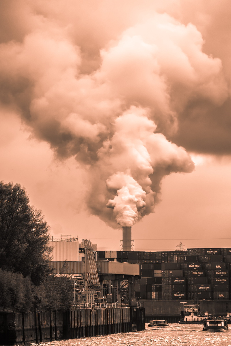 industrial plant, built structure, chimney, air, outdoors, haze, sky, air pollution, nature, factory, smoke stack, smog, architecture, building exterior