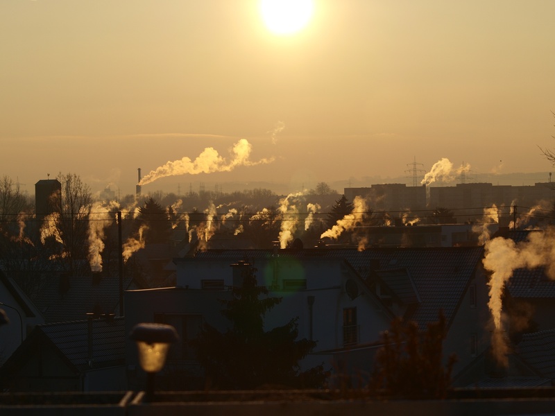 clouds, toxic, sunset, air pollution, frost, fireplace, hour, sunbeam, homes, smokes, village, cold, winter, city, no people, smoke, smog, light, heat