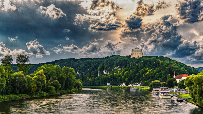clouds, tourist attraction, building, government, plant, architecture, landmark, river, tourism, befreiungshalle, lake, kelheim, bavaria, ship, old, building exterior