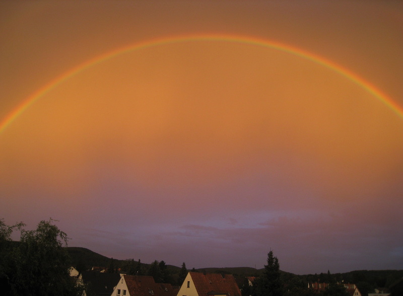 sunlight, 2K, environment, sunset, light spectrum, sky, scenics - nature, no people, dusk, beauty in nature, rainbow colors, tree, double rainbow, architecture