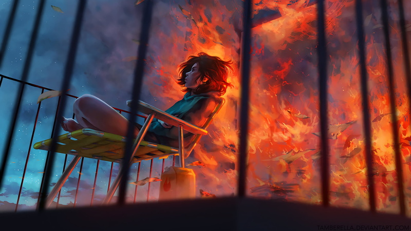 full length, sitting, illustration, holding, burning, one person, 1080P, artwork, rooftops, nature, front, young adult, person, paper, heat - temperature