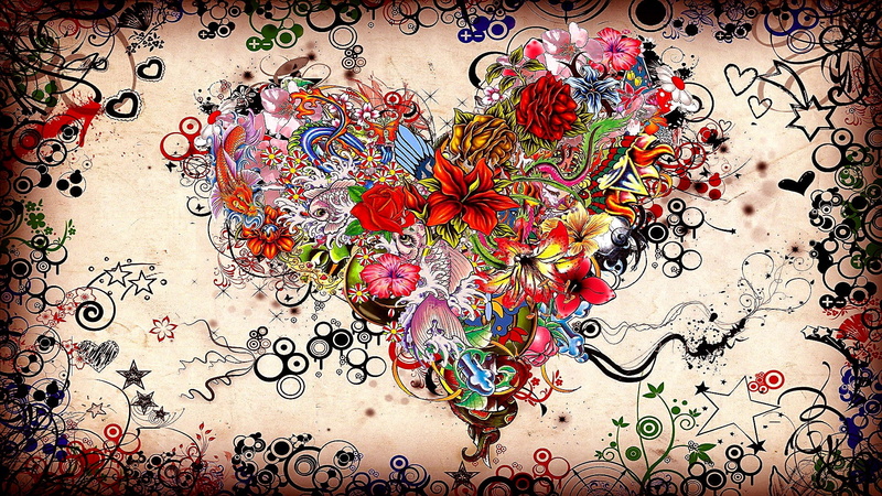 graphic design, design, heart, flowers, floral design, painting, illustration, 1080P, art, love, artwork