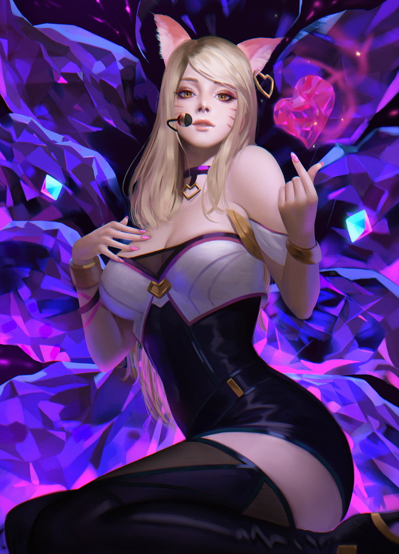 yellow eyes, 1080P, heart, dress, League of Legends, nine tails, face paint, Fox ears, Seungyoon Lee, purple, drawing, looking at viewer, choker, microphone