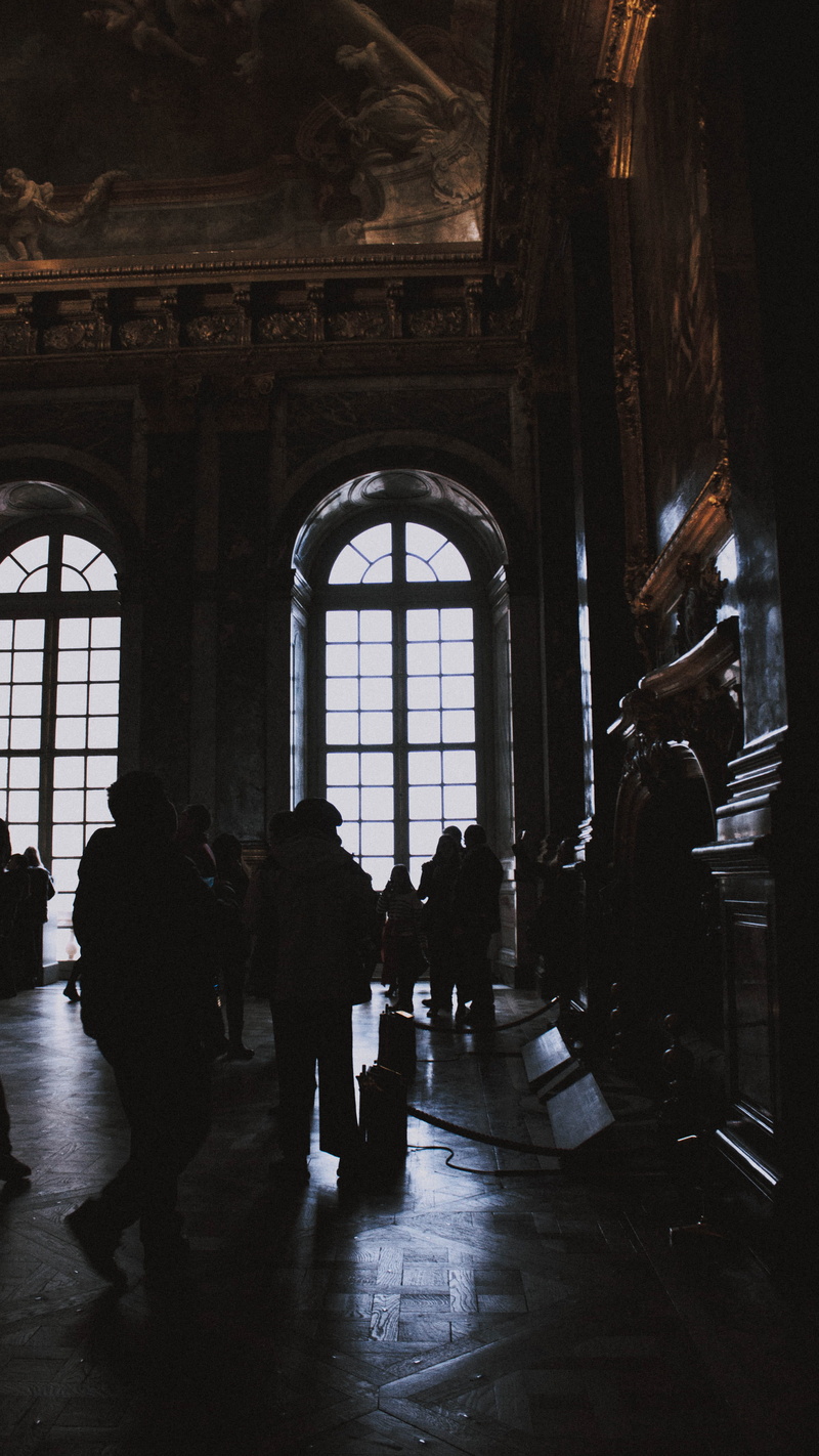 architecture, men, window, adult, castle, day, light, tiled floor, women, château de versailles, arch, versailles, building, geometric, medium group of people