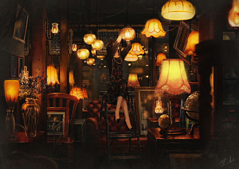 2D, 720P, lamp, couch, interior, chandeliers, illustration, antiques, original characters, globe, digital art, women, artwork, Tamaki (artist), room, drawing
