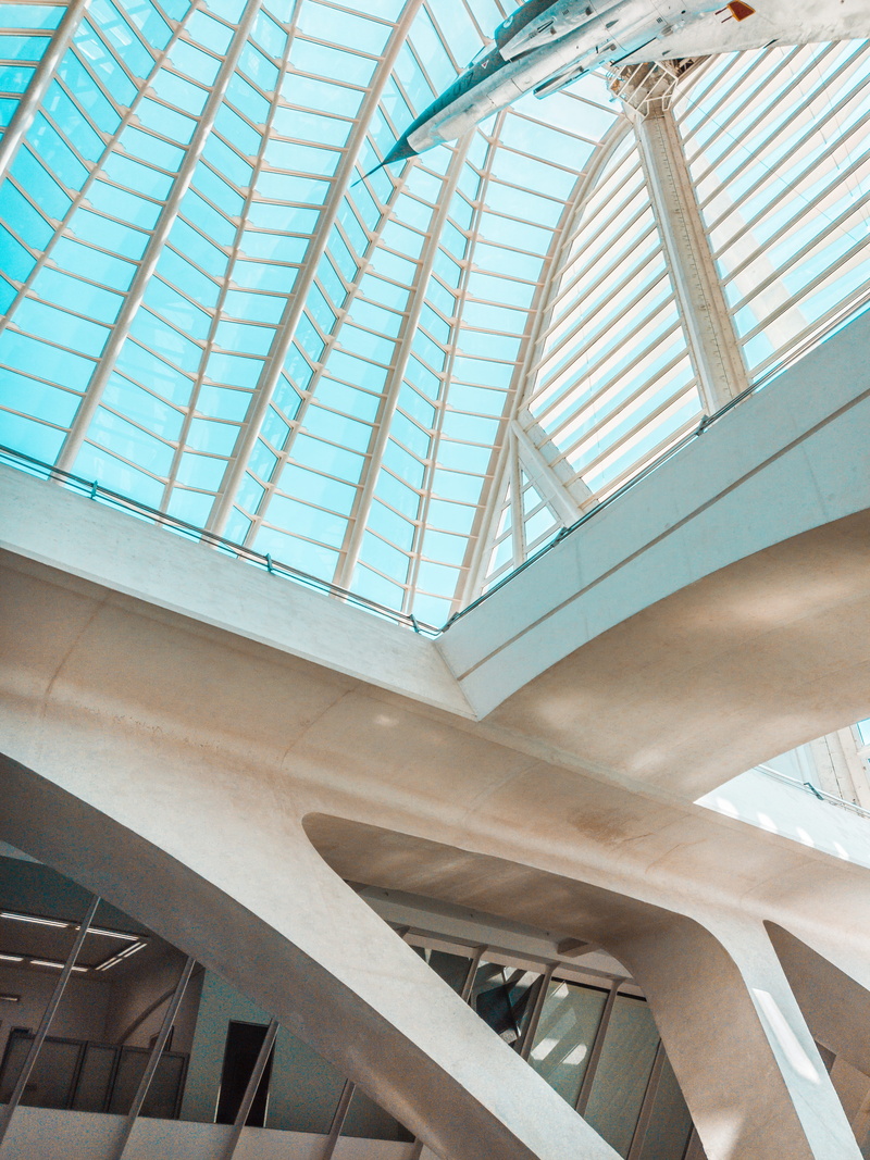 4K, staircase, built structure, daytime, skylight, spain, no people, architectural feature, roof beam, glass - material, blue, office building, metal