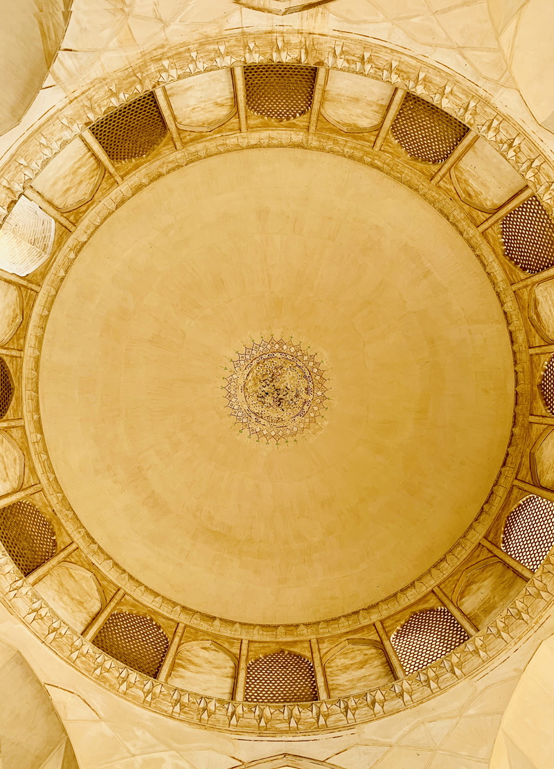 lighting equipment, built structure, indoors, cupola, ceiling, history, ornate, background, directly below, mural, mosque, iran, persia, architecture