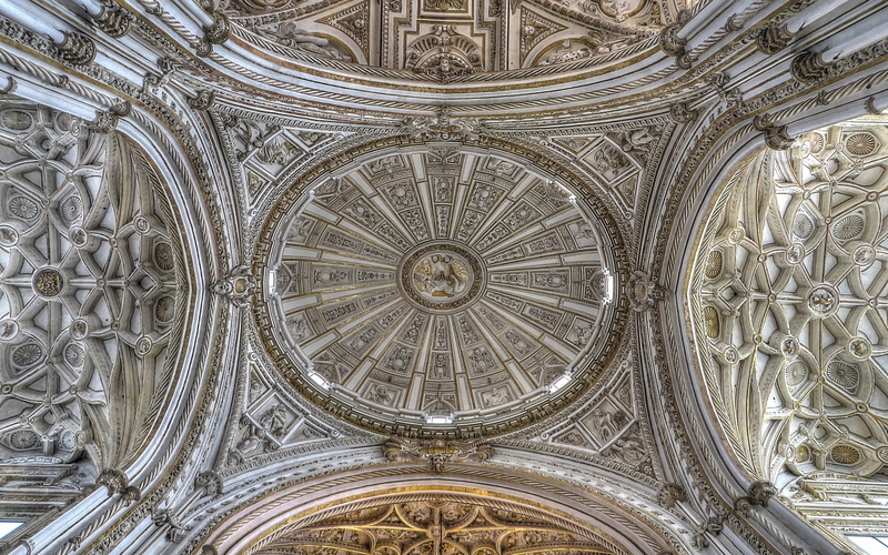 directly below, travel destinations, religion, Cordoba, 2K, arch, architecture, cupola, design, glass, spirituality, mural, the past, no people, building exterior