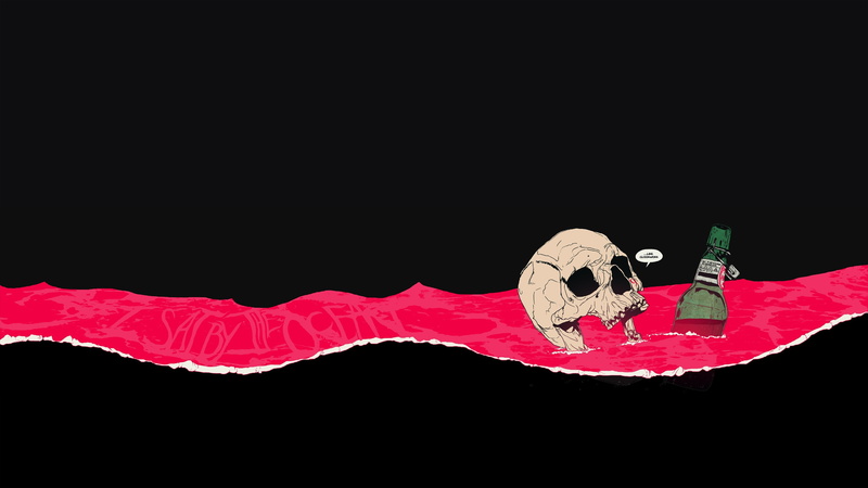 minimalism, 4K, black background, digital art, bottles, skull, Queens of the Stone Age
