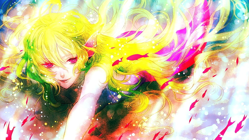 long hair, indoors, pattern, anime girls, backgrounds, water, variation, multi colored, looking away, choice, art and craft, high angle view, paint, creativity