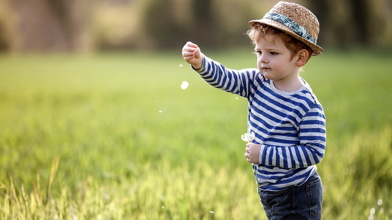 outdoors, dandelion, one person, cute, childhood, innocence, plant, emotion, males, striped clothing, fun, 1080P, child, hat, children, offspring, striped