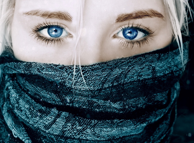 portrait, scarf, front view, body part, young adult, mask, cold temperature, eye, adult, closeup, looking at camera, human body part, white hair, blue
