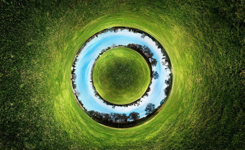 green color, grass, day, land, circle, golf, high angle view, plant, blue, parallel, Creative, eye, round, nature, beauty in nature, outdoors