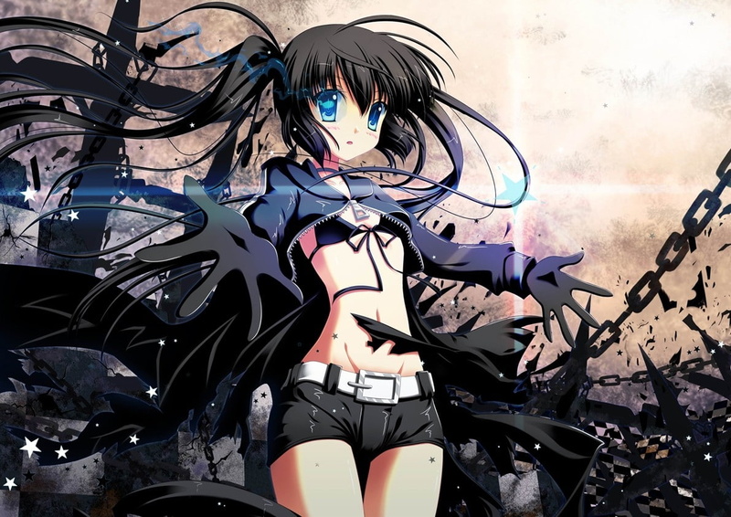 weapons, artwork, rock, cannons, 480P, long, Black Rock Shooter, chains, art, anime, hair, Blue Eyes, shooter, hot, girls, black, hd, eyes, blue