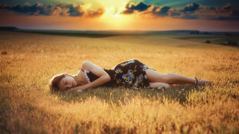 women, nice girl pic 1920x1080, nature, sunset, sky, field, lying down, clothing, land, sun, sunlight, leisure activity, grass, beautiful woman, adult