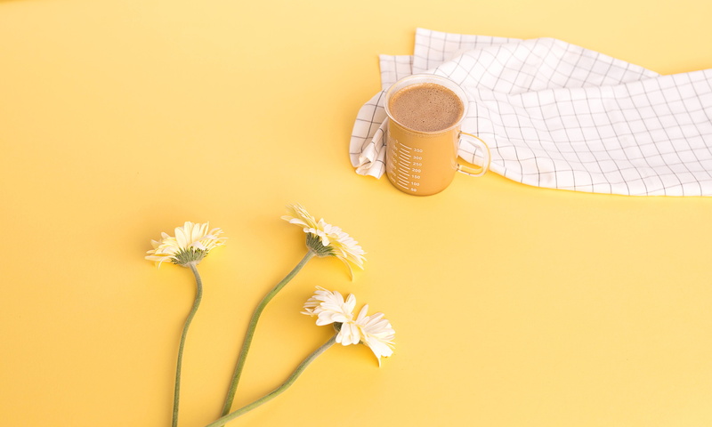 close-up, brunch, mug, beside, flowers, beauty in nature, flatlay, coffee, glass, flower, coffee mug, creative, table, clear, monochrome, yellow background