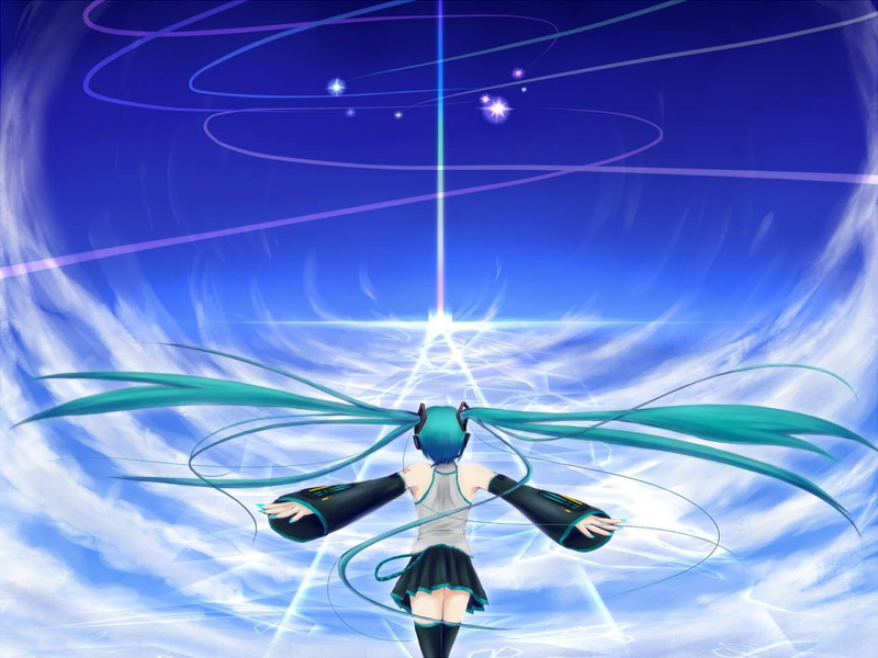 connection, science, digital composite, outdoors, Hatsune Miku, star - space, flying, futuristic, cyborg, blue, motion, air vehicle, Hatsune Miku Append