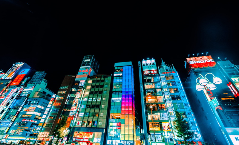 architecture, city life, 2K, metropolis, paper, outdoors, night, housing, no people, nightlife, advertisement, low, building exterior, photography, color