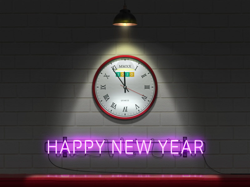clocks, 2020, neon sign, lightning, New Year, 4K, Happy New Year, neon, wall