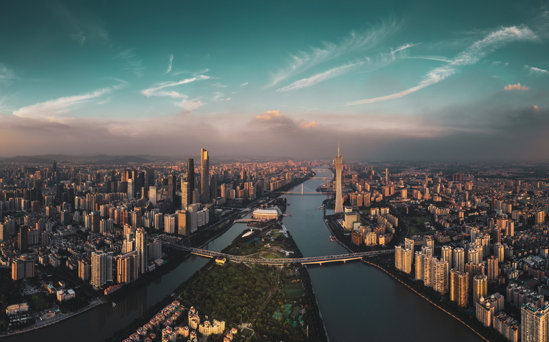 building exterior, financial district, city, guangzhou shi, vehicle, water, scenery, crowded, sky, zhi xin zhong xue er sha dao xiao qu, nature, cityscape