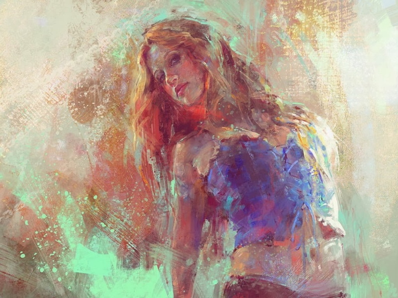 Marta Nael, women, painting, artwork, paint splatter, redhead, belly, 480P