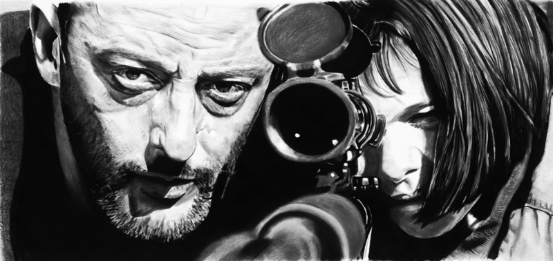 leon, drawing, jean, black, reno, professional, sniper, 1080P, portman, natalie, white, art