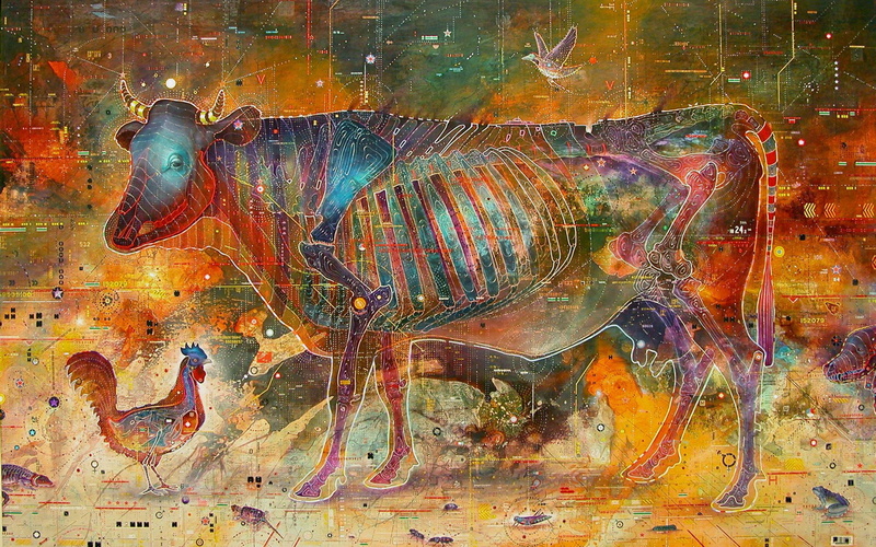 backgrounds, art and craft, 1080P, cow, illustration, fine art painting, textured, acrylic painting, Animal, orange color, textured effect, paint, painted image