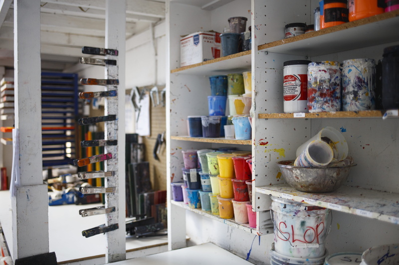 print making, wooden, indoors, container, no people, cans, studio, fine art, art, domestic room, industry, containers, process, taking, shelf, splatter