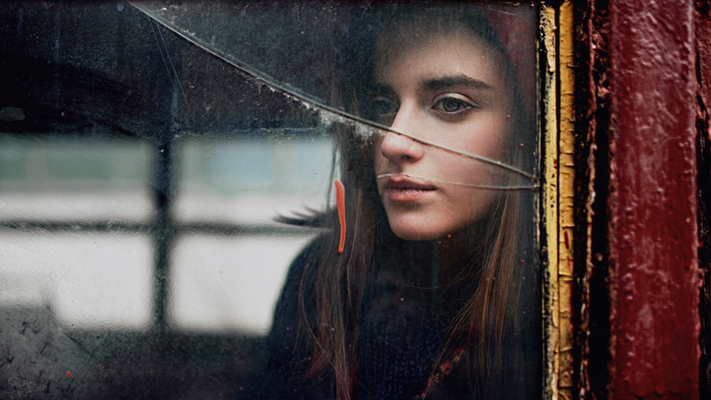 women, long hair, face, Georgy Chernyadyev, splats, looking away, wall, portrait, model, sad, alone, brunette, dirt, broken glass, 1080P, window