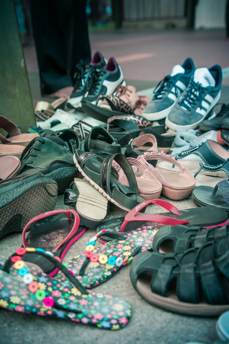 slippers, variation, focus on foreground, personal accessory, boots, bag, day, fashion, close-up, arrangement, high angle view, sandals, selective focus