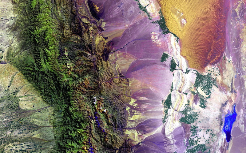 high angle view, painting, tranquil scene, rock, multi Colored, rock formation, waterfall, 1080P, planet, water, scenics, pattern, variety, growth, green color