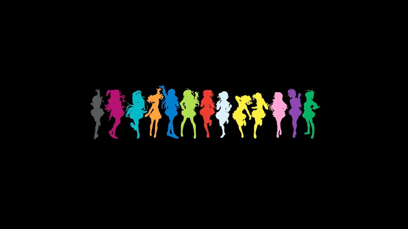 girls, colorful, ster, black, 1080P, background, black background, yellow, idolm, the idolmster, anime, woman, blue, pose, anime girls, shadows, green