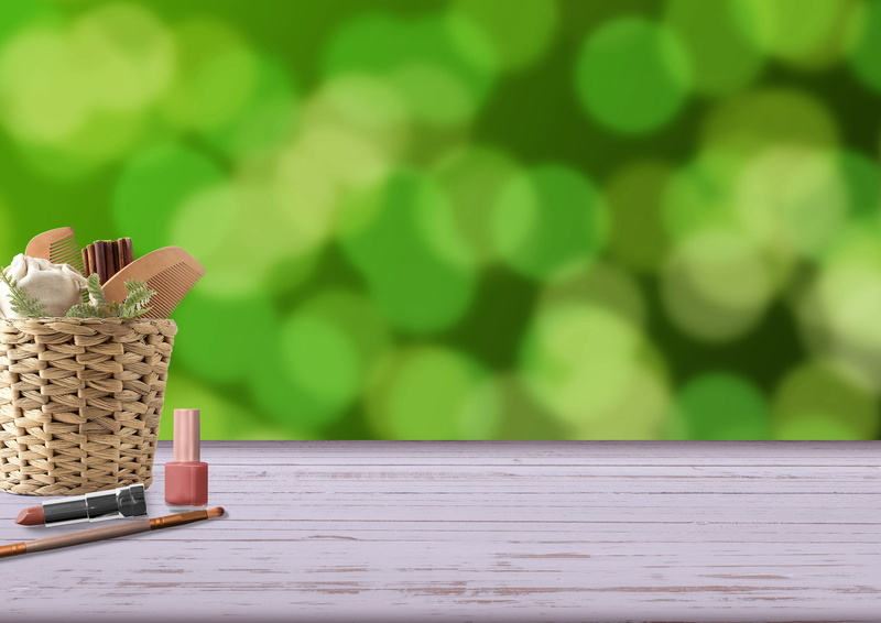 styling, refreshment, product, brush, nature, food, business, glass, cosmetics, focus on foreground, beauty, body care, wicker, comb, nail varnish, green