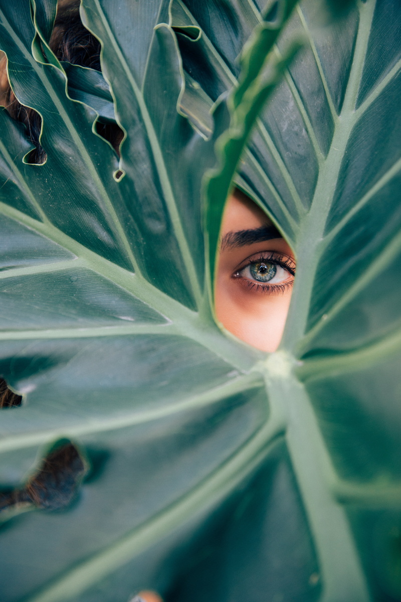 human body part, plant part, peeking, body part, human, human eye, eyeball, adult, green, eye, green color, human face, beautiful woman, young adult, one person