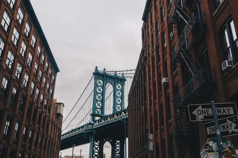 window, near, built structure, architecture, dumbo, low angle view, new york, daytime, sky, brown, blue, day, connection, brooklyn, structure, urban, building exterior