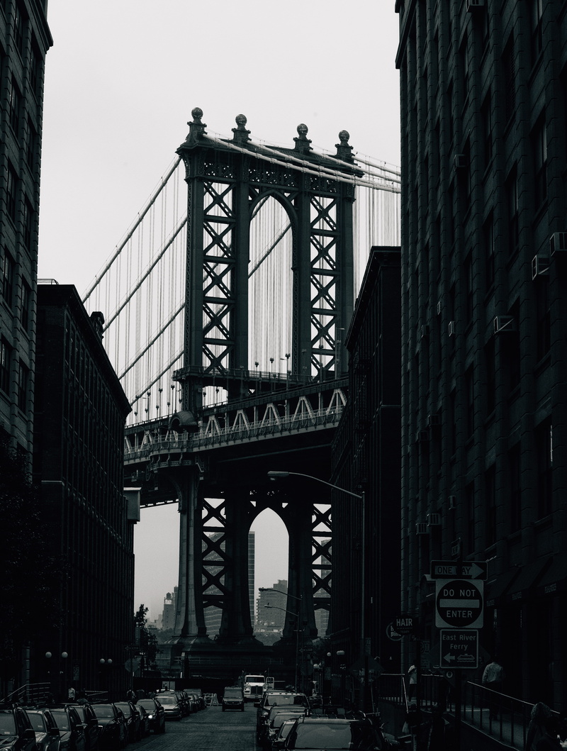 city, nyc, transportation, tourism, no people, outdoors, day, black and white, brooklyn, nature, office building exterior, connection, clear sky, bridge - man made structure