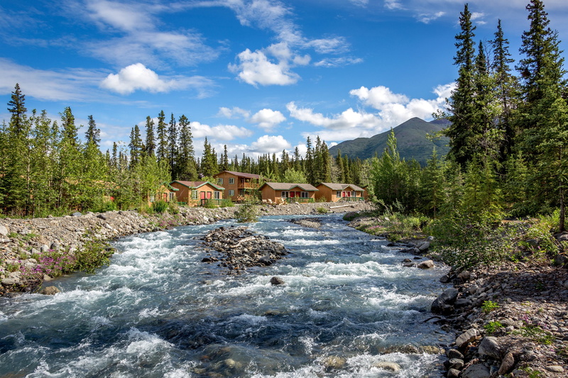 trees, scenery, houses, rivers, sky, alaska, nature, borough, usa, denali, 2K