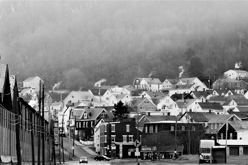 chimney smoke, trees, steel mill, fog, city, 2K, car, street, nature, townscape, built structure, building exterior, land vehicle, pennsylvania, homes